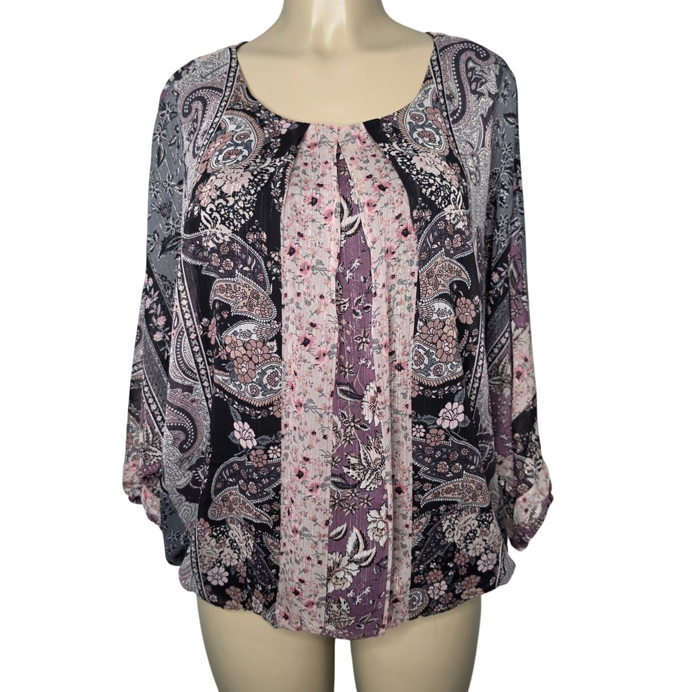 Sara Michelle Blouse Womens XL Purple Paisley Floral Dolman Sleeve Shimmer Top